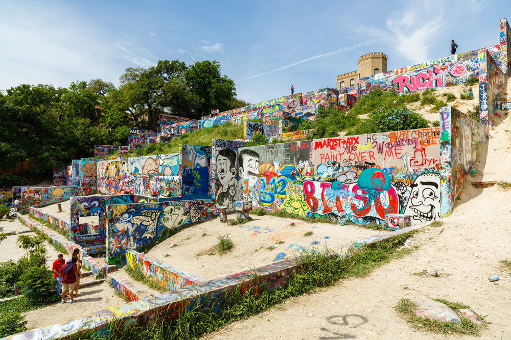 Colorful graffiti on the walls of the popular Hope Outdoor Gallery on Baylor Street near downtown Austin
