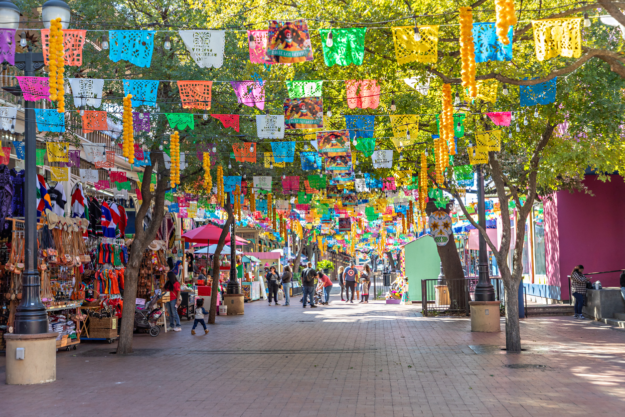 Mexican market square paper decorations in San Antonio, Texas