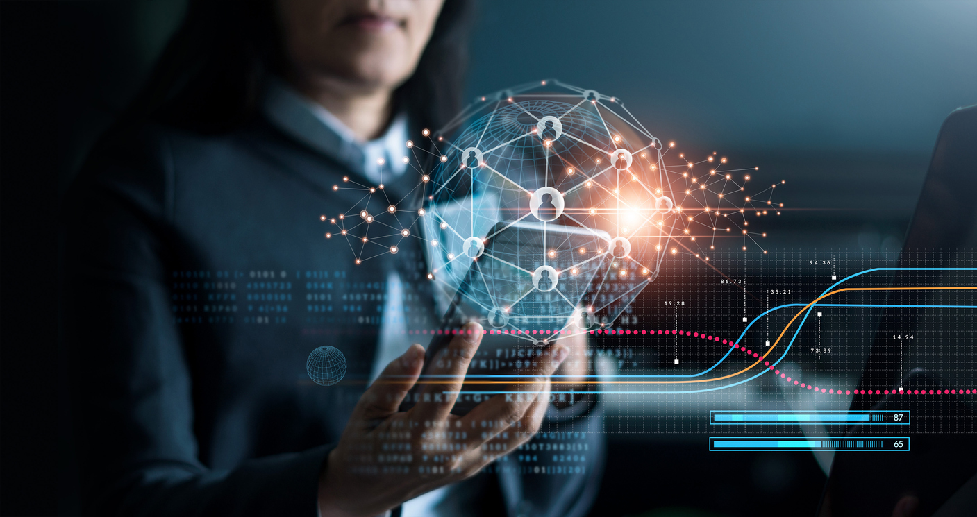 Business woman using mobile smartphone on global network connection and data customer connection on blue background, Digital marketing, Data exchanges, Innovative and technology